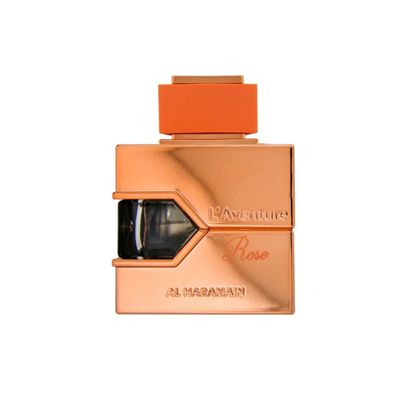A bottle of L'Aventure Rose Eau de Parfum by Al Haramain with a copper-colored design and orange cap.