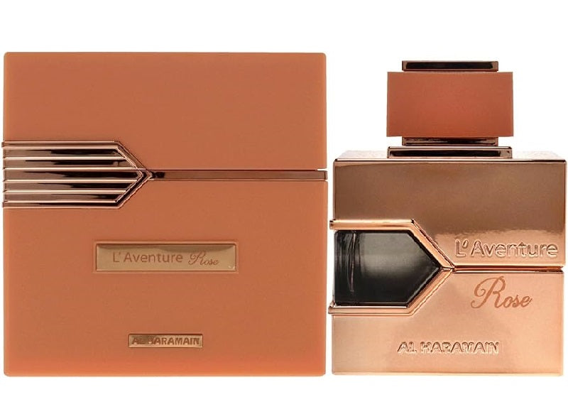 A product image featuring L'Aventure Rose Eau De Parfum by Al Haramain, with the perfume bottle and packaging in pink and bronze colors.