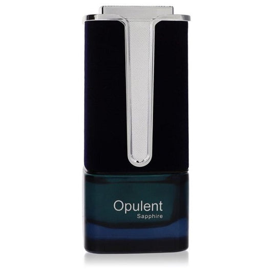 A bottle of Opulent Saphire Eau de Parfum by Al Haramain with a blue label and a silver cap.