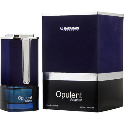 A product image featuring Opulent Saphire Eau De Parfum by Al Haramain, with a perfume bottle and box packaging.