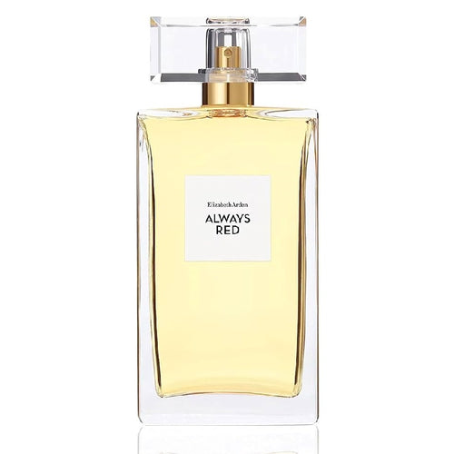 A bottle of Elizabeth Arden's Always Red Eau de Toilette with a clear, golden liquid visible and the label displaying the product name.