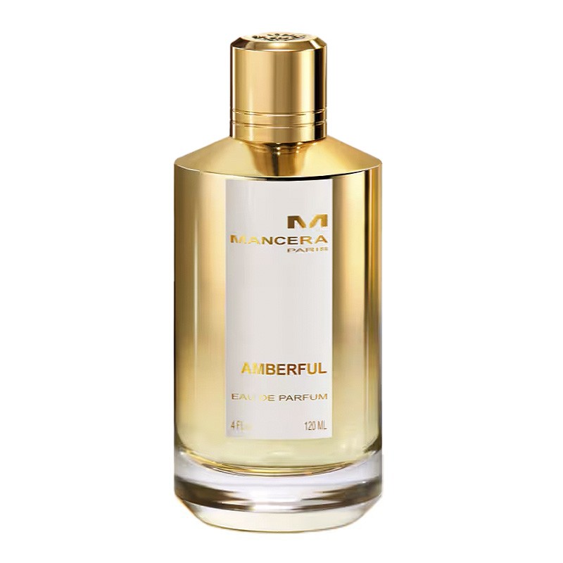 A bottle of Amberful Eau de Parfum by Mancera with a clear, golden liquid visible and a gold-colored cap. The label displays the product name and brand.