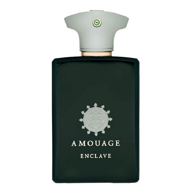 A black bottle of Amouage Enclave Eau de Parfum with a green cap, featuring the Amouage logo and the word 'Enclave' on the front.