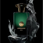 Amouage Epic perfume bottle with smoke effect on a black background