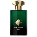 A green glass bottle of Amouage Epic Eau de Parfum for men with a gold-colored cap and label featuring a emblem design.