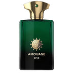 A green glass bottle of Amouage Epic Eau de Parfum for men with a gold-colored cap and label featuring a emblem design.