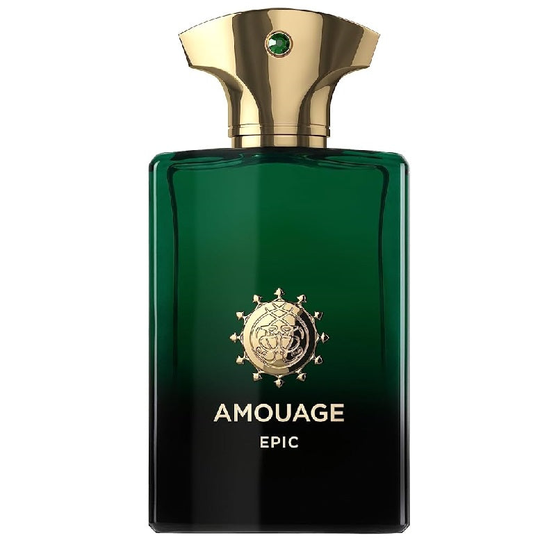 A green glass bottle of Amouage Epic Eau de Parfum for men with a gold-colored cap and label featuring a emblem design.