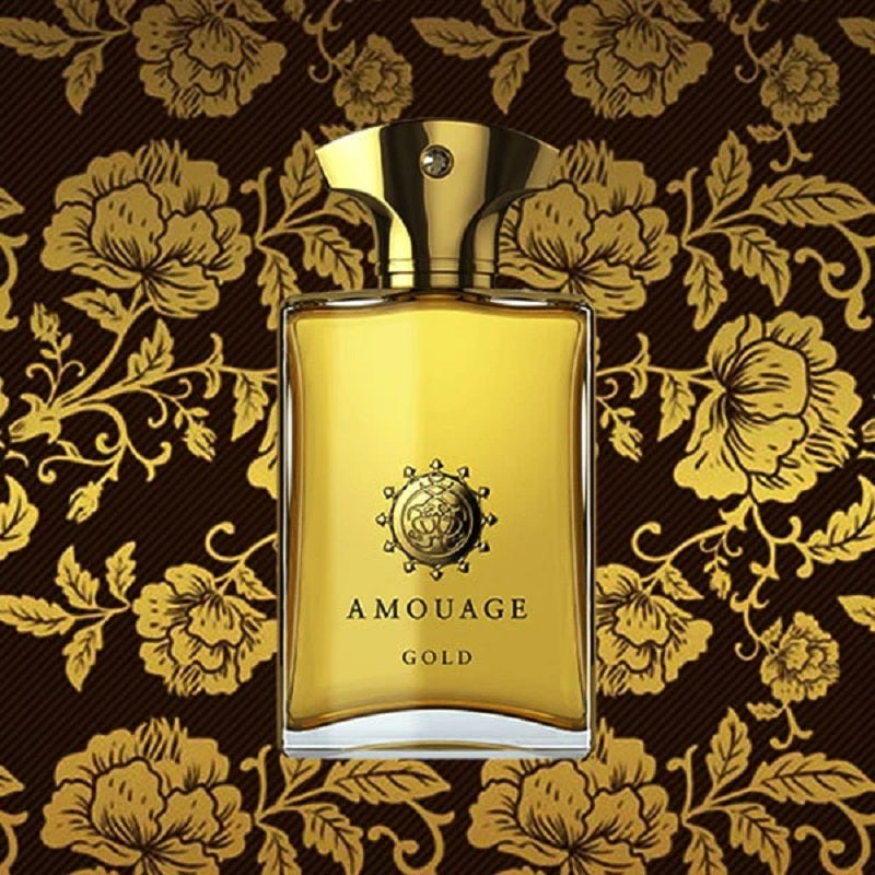Amouage Gold perfume bottle on a floral patterned background