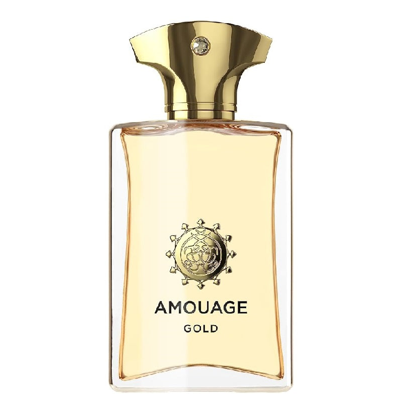 A bottle of Amouage Gold Man Eau de Parfum with a clear golden liquid visible and a gold-colored cap.