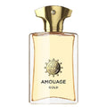 A bottle of Amouage Gold Man Eau de Parfum with a clear golden liquid visible and a gold-colored cap.