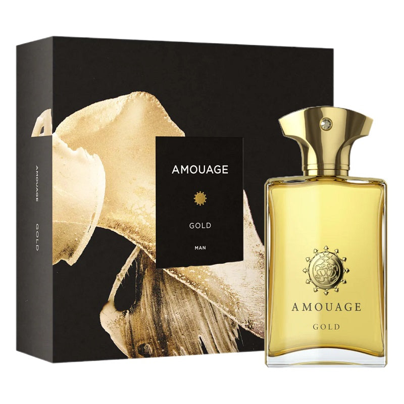 Amouage Gold perfume bottle and packaging on a white background