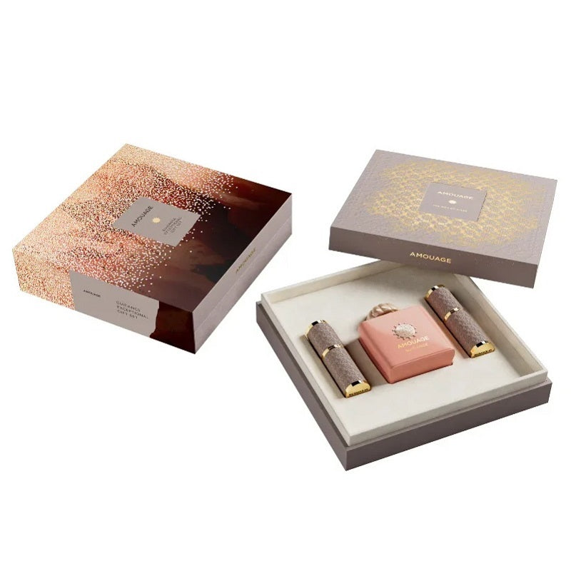 Set of cosmetic products in a decorative box on a white background
