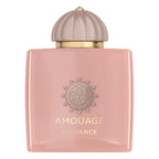 Pink Amouage perfume bottle with a beige cap on a white background
