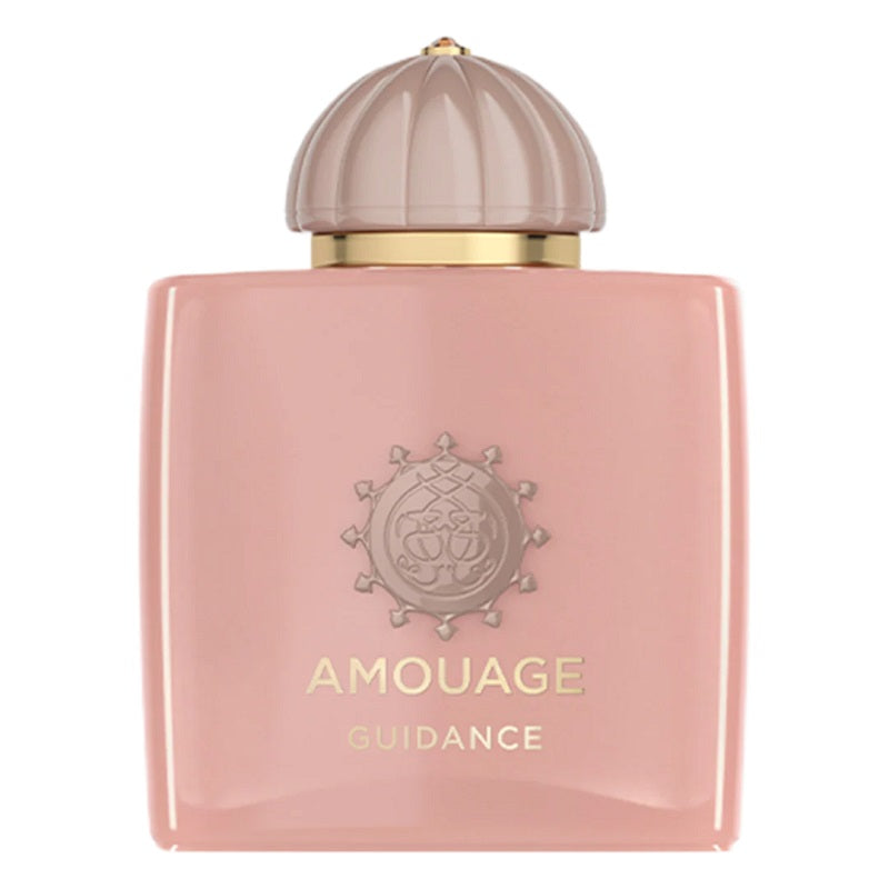 Pink Amouage perfume bottle with a beige cap on a white background