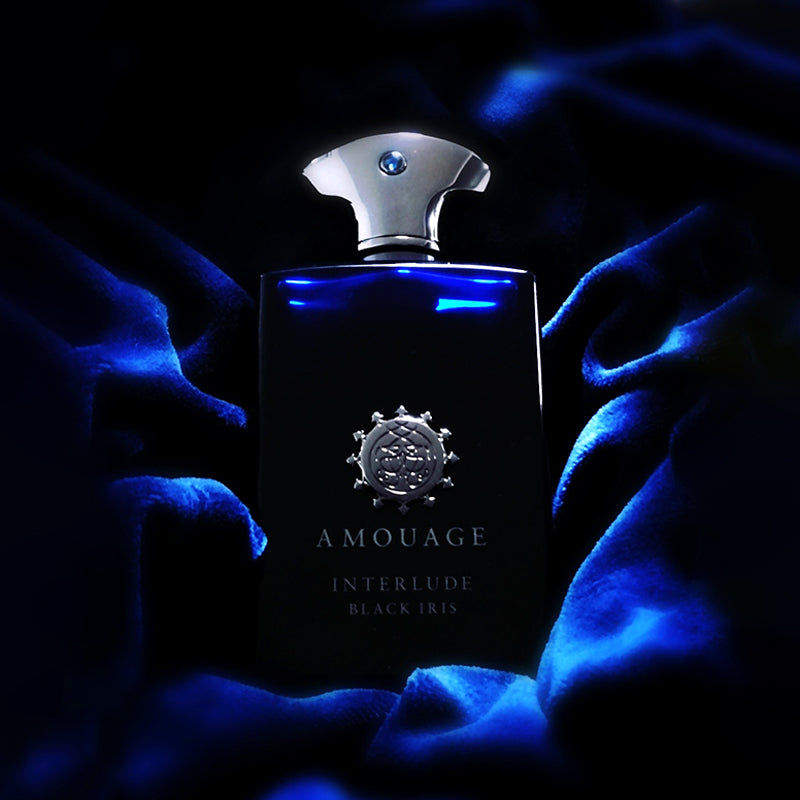 Amouage Interlude Black Iris perfume bottle on a dark background