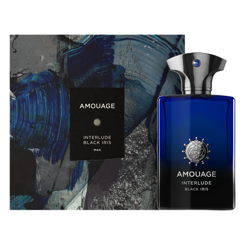 Amouage Interlude Black Iris perfume bottle and packaging on a textured background