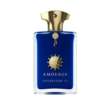 A blue glass bottle of Amouage Interlude 53 Eau De Parfum with a gold-colored cap.