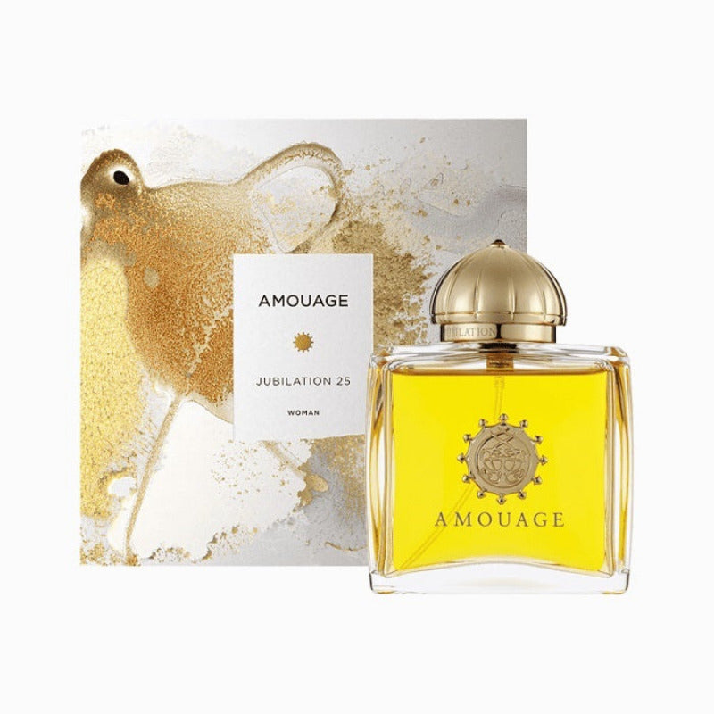 A bottle of Amouage Jubilation 25 Eau De Parfum for women, with a depiction of a golden splash in the background.