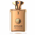 A bottle of Amouage Jubilation 40 Eau de Parfum for men, with a bronze to clear gradient and a gold cap, featuring the brand and product name.