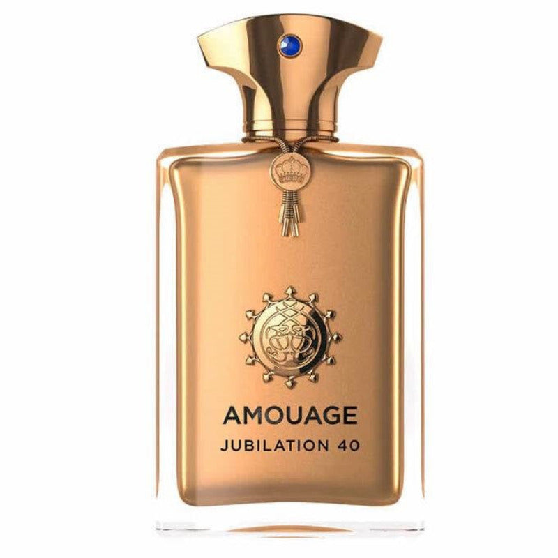 A bottle of Amouage Jubilation 40 Eau de Parfum for men, with a bronze to clear gradient and a gold cap, featuring the brand and product name.