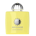 A yellow bottle of Love Mimosa Eau de Parfum by Amouage with a decorative cap and branding on the bottle.