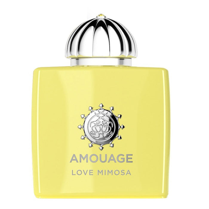 A yellow bottle of Love Mimosa Eau de Parfum by Amouage with a decorative cap and branding on the bottle.
