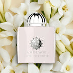 Close-up of Amouage Love Tuberose perfume bottle showcasing luxurious detailing