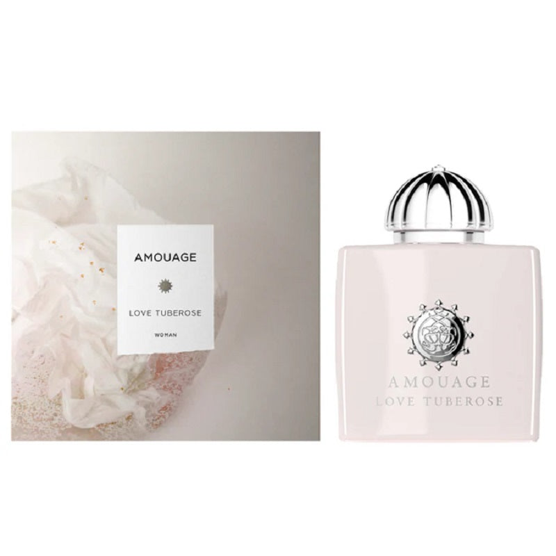 Amouage Love Tuberose packaging and bottle set – sophisticated white and gold presentation.