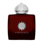 A red bottle of Amouage Lyric Woman eau de parfum with a silver cap and label featuring the brand name and design.
