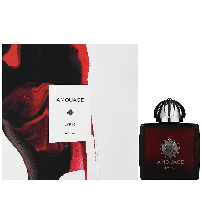 Product image withh packaging of Amouage Lyric Woman, a red and black design,  perfume bottle which is dark glass with a silver cap
