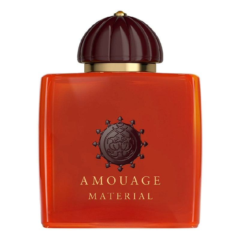Amouage Material perfume bottle with red square shape and brown cap on white background