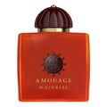 Amouage Material perfume bottle with red square shape and brown cap on white background