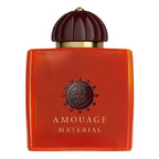 Amouage Material perfume bottle with red square shape and brown cap on white background