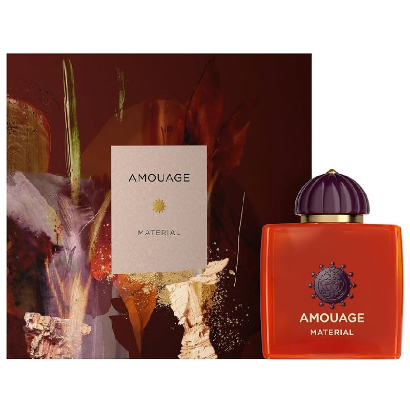 Amouage Material perfume bottle and packaging on a textured background