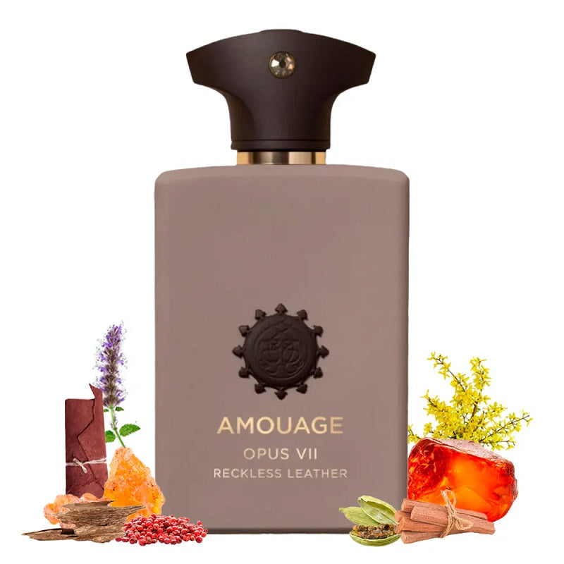 Amouage Opus VII Reckless Leather perfume bottle with natural elements on a white background