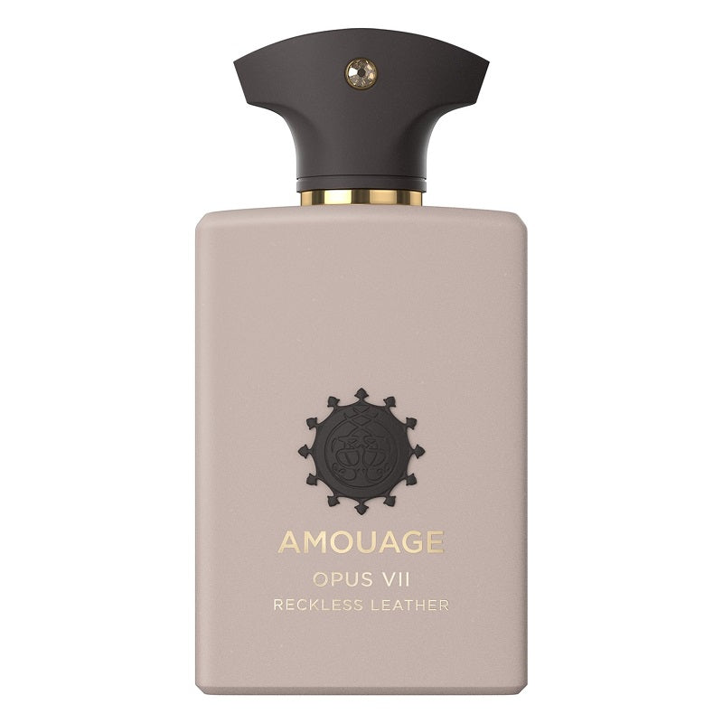 A bottle of Opus VII Reckless Leather eau de parfum by Amouage with a beige label and Black cap, featuring a logo and the scent name.
