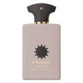 A bottle of Opus VII Reckless Leather eau de parfum by Amouage with a beige label and Black cap, featuring a logo and the scent name.