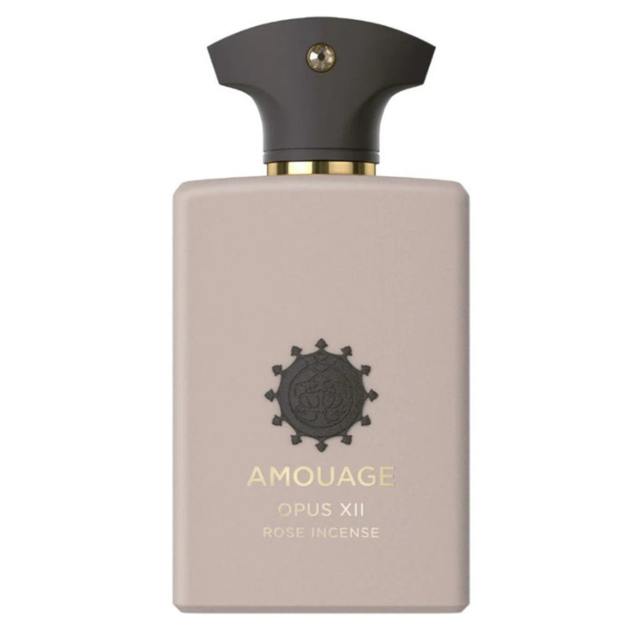 Amouage Opus XII Rose Incense perfume bottle, featuring a matte dusty pink rectangular body with a dark charcoal cap and gold lettering, set against a plain white background.