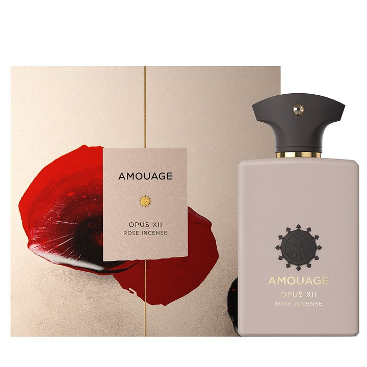 Product image featuring a 100ml bottle Opus XII Rose Incense with its packaging, displays a prominent red rose on a beige background, bottle has a black cap with a gold label and Black cap.