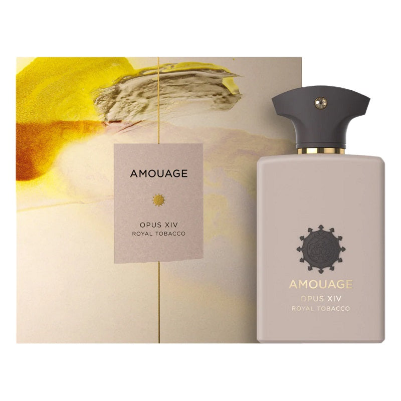Amouage Opus XIV Royal Tobacco perfume bottle and packaging on a white background