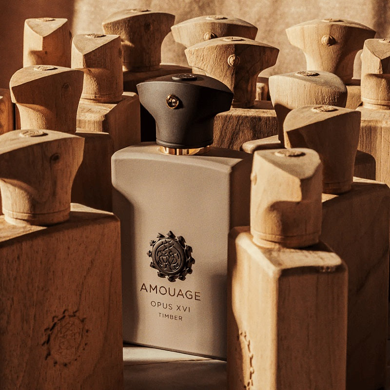 Amouage Opus XVI Timber perfume bottle surrounded by wooden blocks
