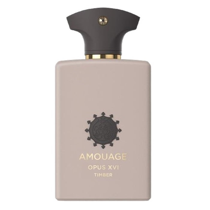 Amouage Opus XVI Timber fragrance bottle, featuring a matte taupe-beige rectangular body with a dark charcoal cap and gold lettering, set against a plain white background.