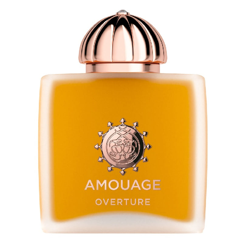 Amouage Overture perfume bottle with rose gold cap and emblem on a white background
