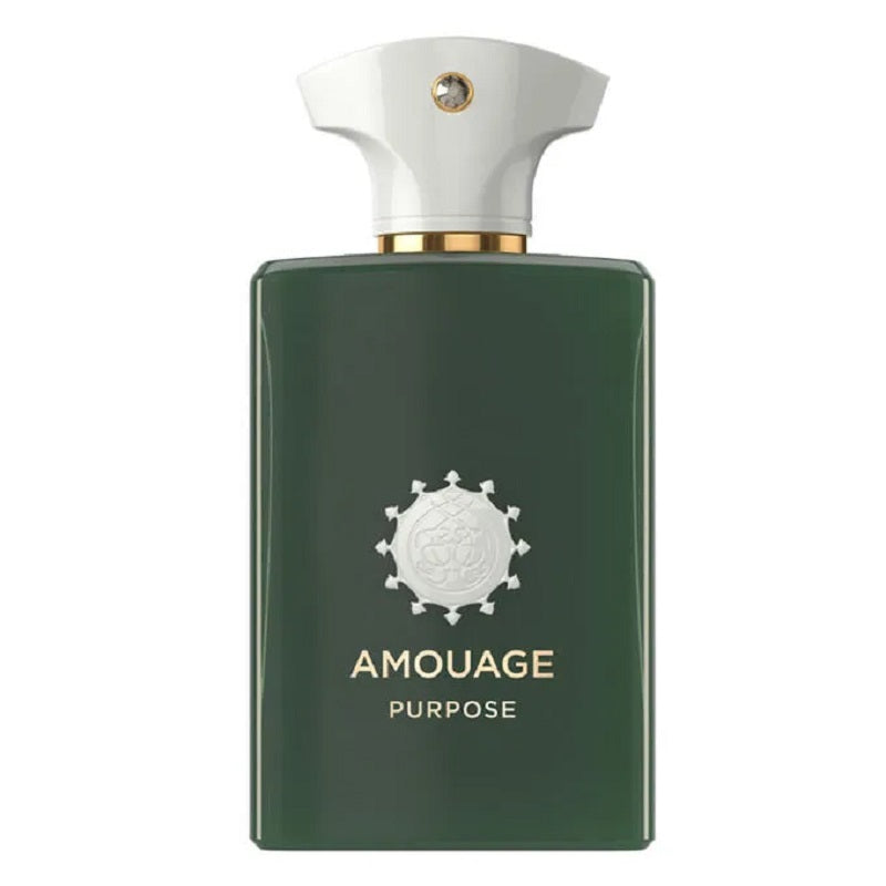Green Amouage perfume bottle on a white background