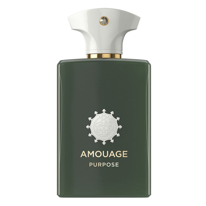 Amouage Purpose perfume bottle in dark green with a white cap and gold lettering, shown on a plain white background.