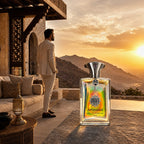 A luxury perfume bottle labeled 'AMOUAGE REFLECTION 45 MEN' sits on a stone patio in the foreground, with a man in a light beige suit standing nearby and a scenic sunset over Oman mountains in the background.