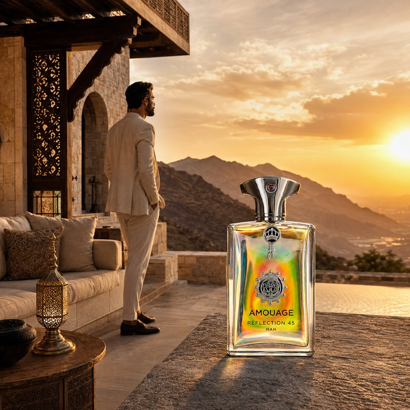 A luxury perfume bottle labeled 'AMOUAGE REFLECTION 45 MEN' sits on a stone patio in the foreground, with a man in a light beige suit standing nearby and a scenic sunset over Oman mountains in the background.