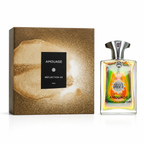 Amouage Reflection 45 perfume bottle with an iridescent multicolor label and silver cap, displayed next to its textured gold gift box on a white background.