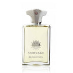 A bottle of Amouage Reflection Man eau de parfum with a clear, yellow liquid visible and the label displaying the product name and brand.
