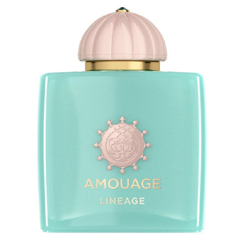 A turquoise-colored bottle of Amouage Lineage Eau de Parfum with a decorative cap.
